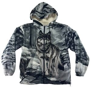 Wild Kind Wolf Hoodie Sweater Mens Medium Full Zip‎ Wolf Print Sherpa